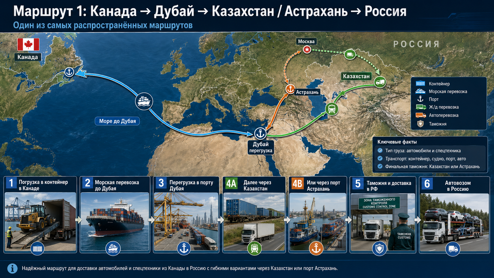 Маршрут 1: Канада → Дубай → Казахстан или Астрахань → Россия