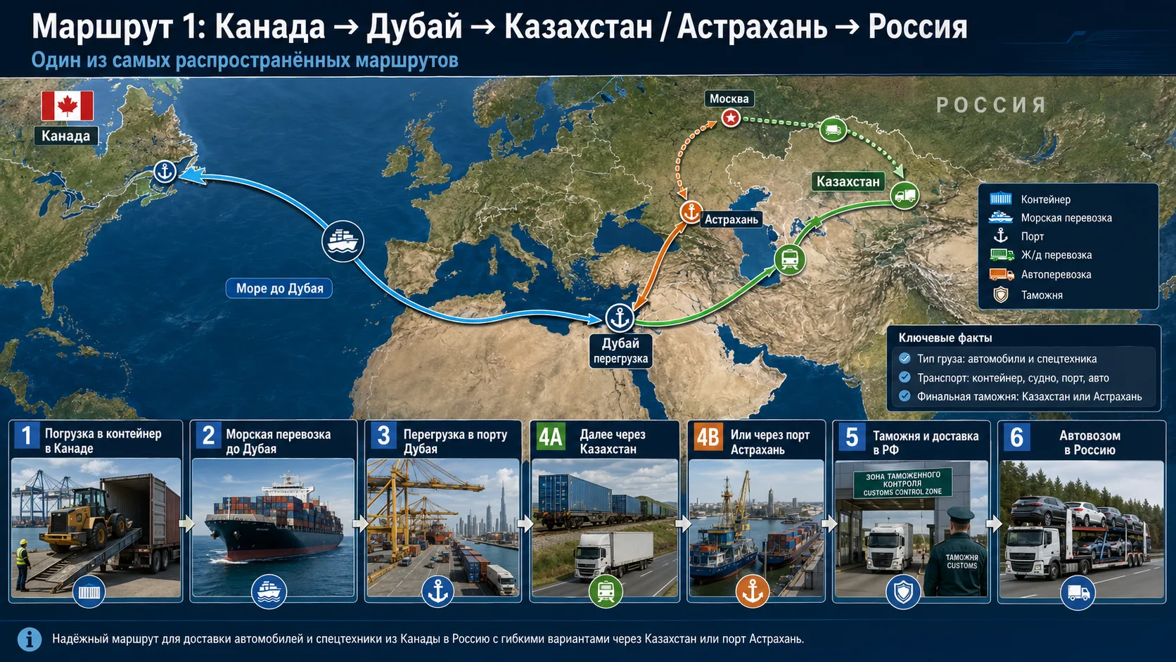 Маршрут 1: Канада → Дубай → Казахстан или Астрахань → Россия