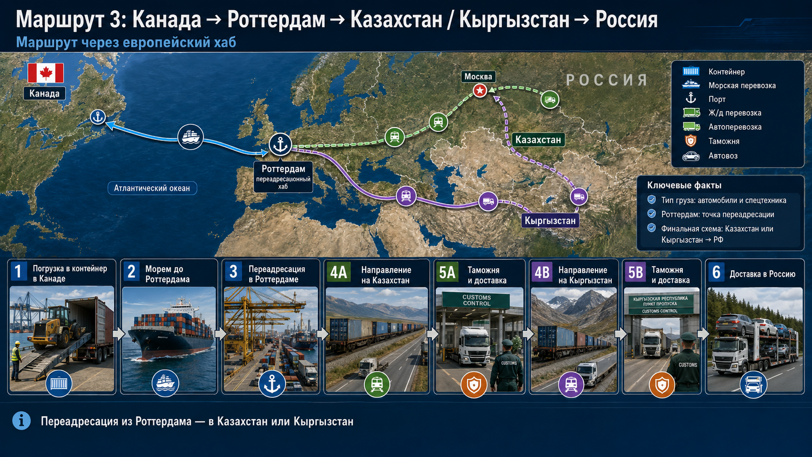 Маршрут 3: Канада → Роттердам → Казахстан или Киргизия → Россия