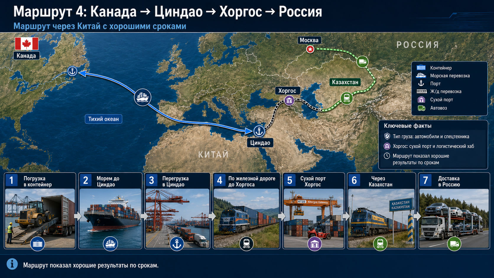 Маршрут 4: Канада → Циндао → сухой порт Хоргос → Казахстан → Россия