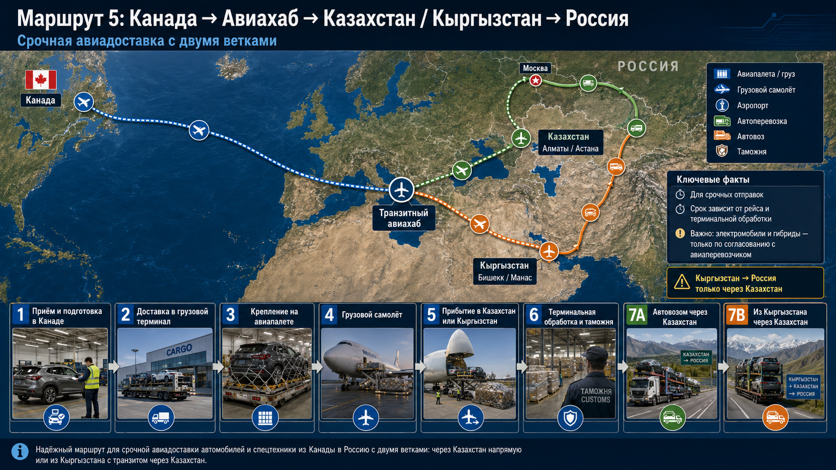 Маршрут 5: Канада → авиахаб → Казахстан или Киргизия → Россия, срочная авиадоставка